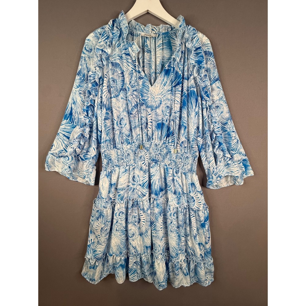 Chico's Short Dress Women Size 2 12 Large Blue White Ruffle Bell Sleeve‎ Smocked